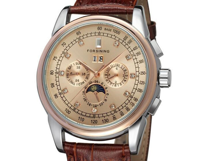 Forsining Moon Phase Shanghai Movement Rose Gold Case Brown Leather Strap Men Watch