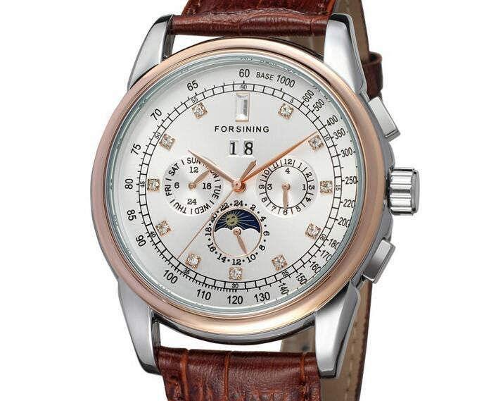 Forsining Moon Phase Shanghai Movement Rose Gold Case Brown Leather Strap Men Watch