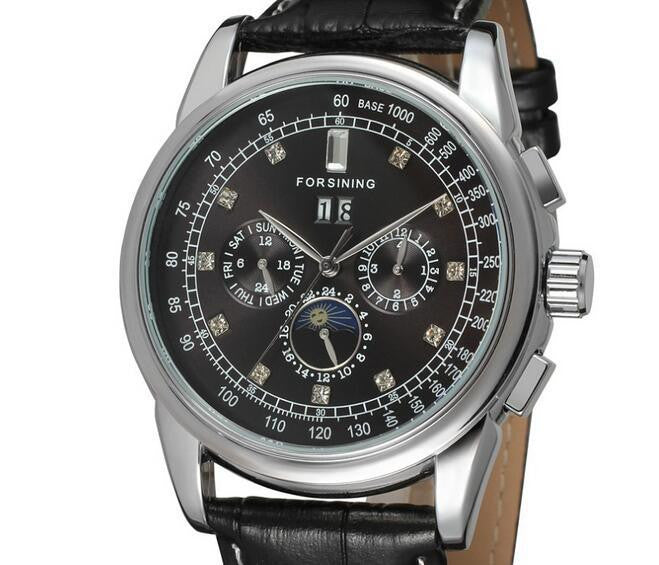 Forsining Moon Phase Shanghai Movement Rose Gold Case Brown Leather Strap Men Watch