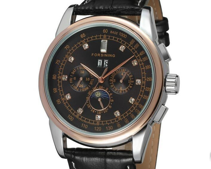 Forsining Moon Phase Shanghai Movement Rose Gold Case Brown Leather Strap Men Watch