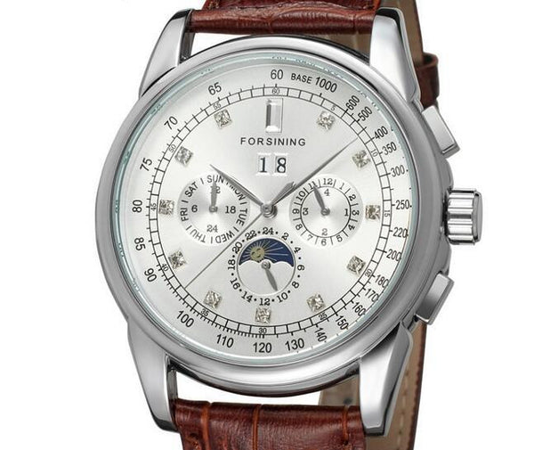 Forsining Moon Phase Shanghai Movement Rose Gold Case Brown Leather Strap Men Watch