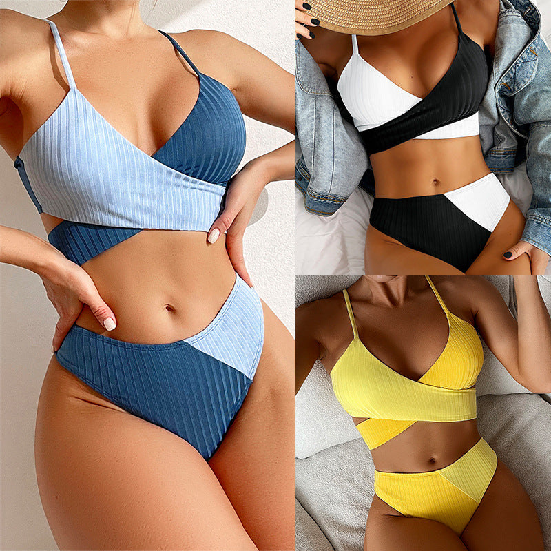 Bikini Patchwork Swimwear Ribbed Women's Swimsuit