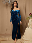 Belle off Shoulder Split Thigh Velvet Bridesmaid Dress Elegant Long Sleeve Dress